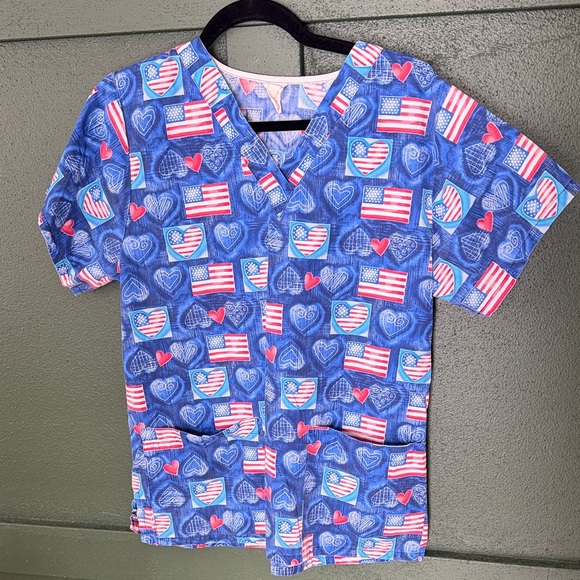 Tops - Blue Heart and Flag Print Scrub Top